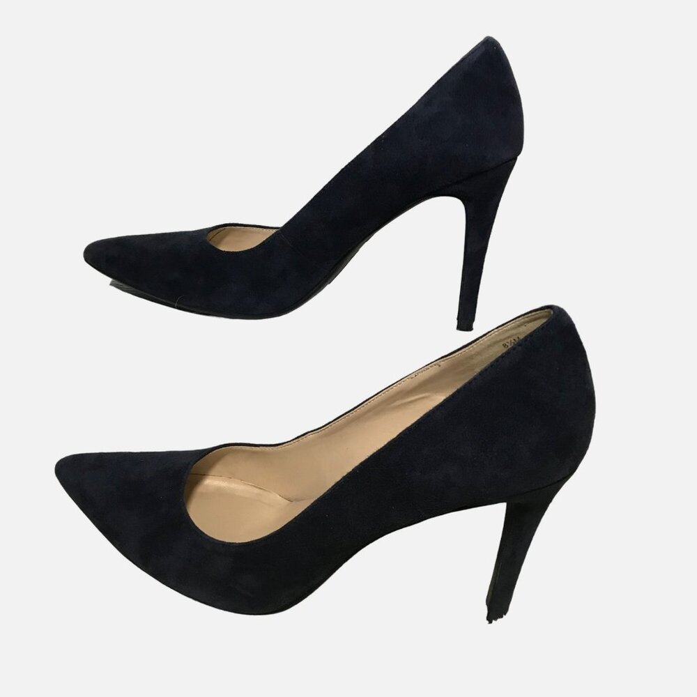 Nine West Etta Shoes Heels Pumps 8 1/2 Navy Blue Point Toe Suede Leather